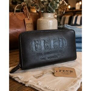 FEED Projects Black Leather Zip Around Continental Wallet Debossed 50 Logo